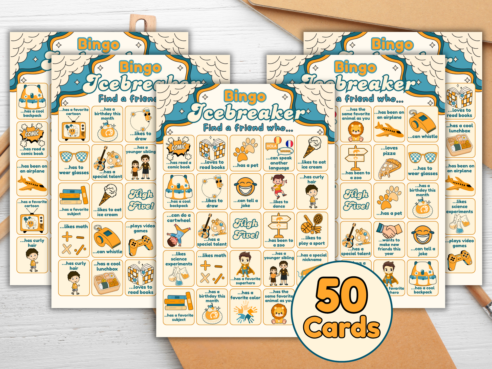 Kids Bingo card featuring colorful icons and prompts