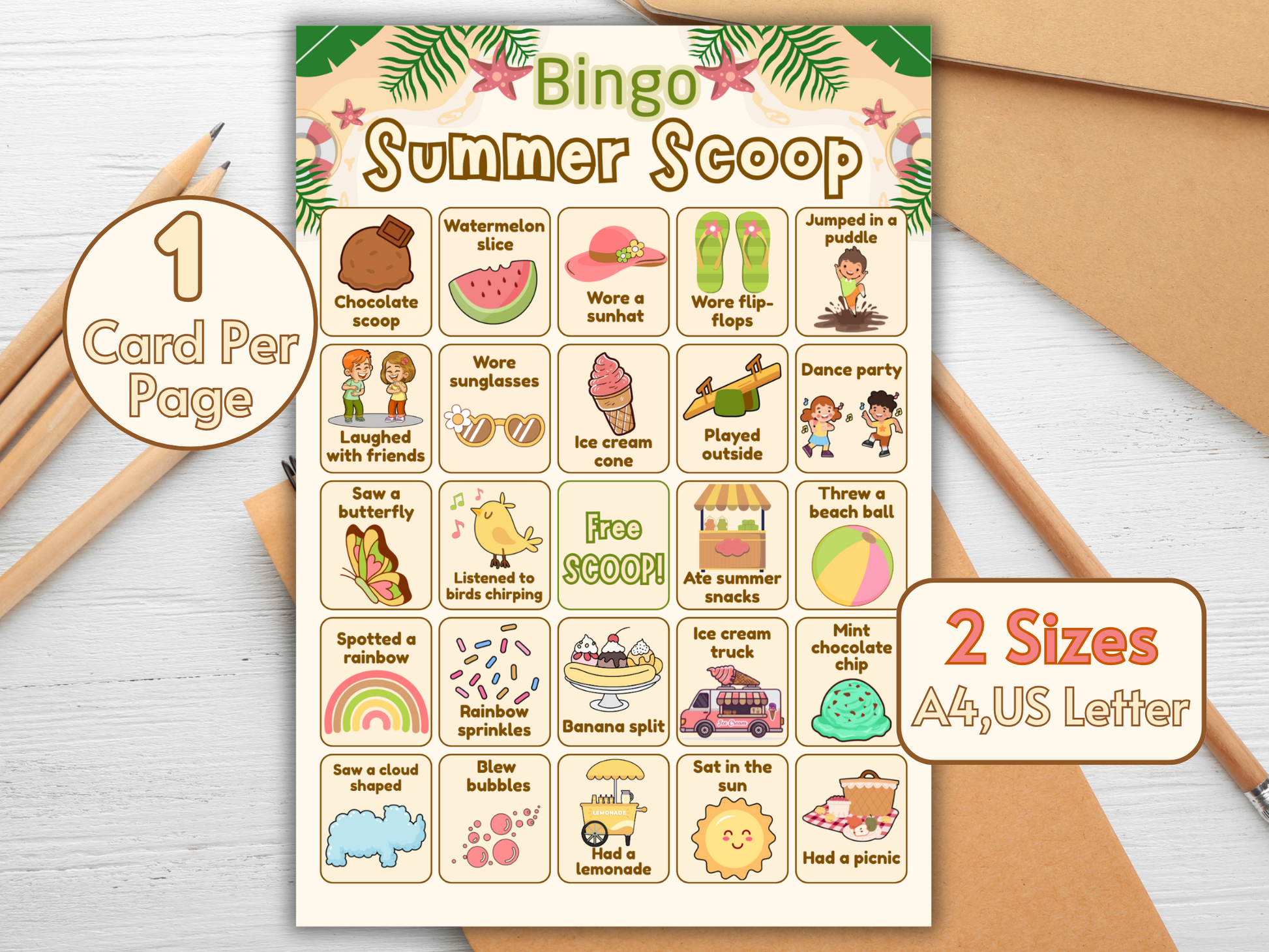 Ice cream-themed bingo calling cards – 36, 12, and 4 per page