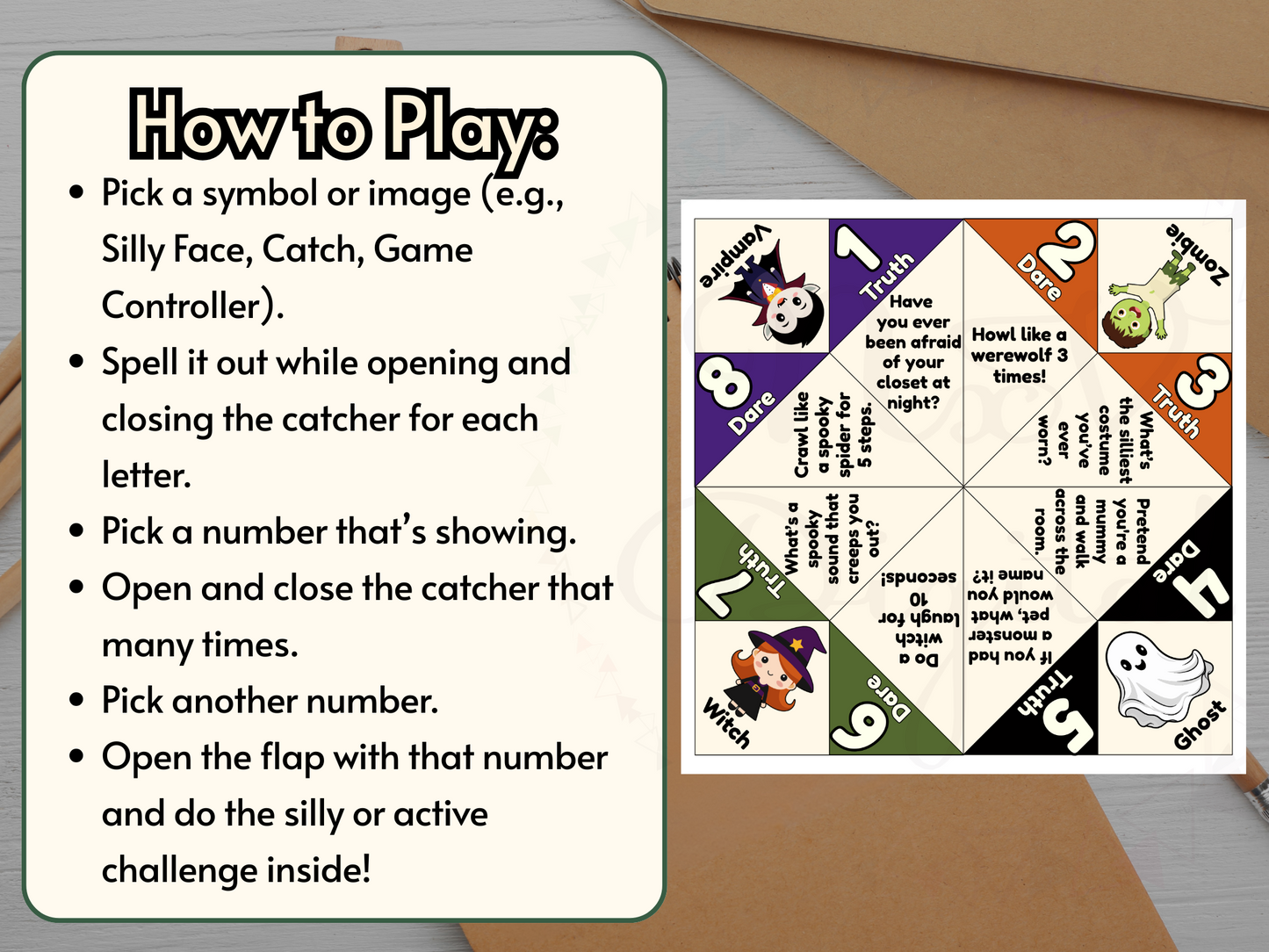 Cootie catcher with instructions on how to play on a wooden surface