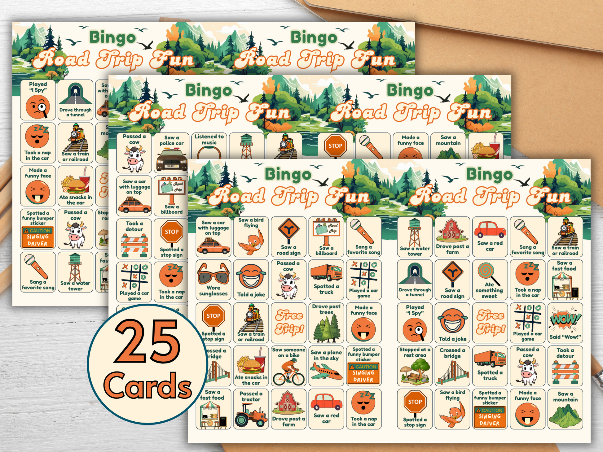 Kids playing with Road Trip Bingo cards on backseat of car