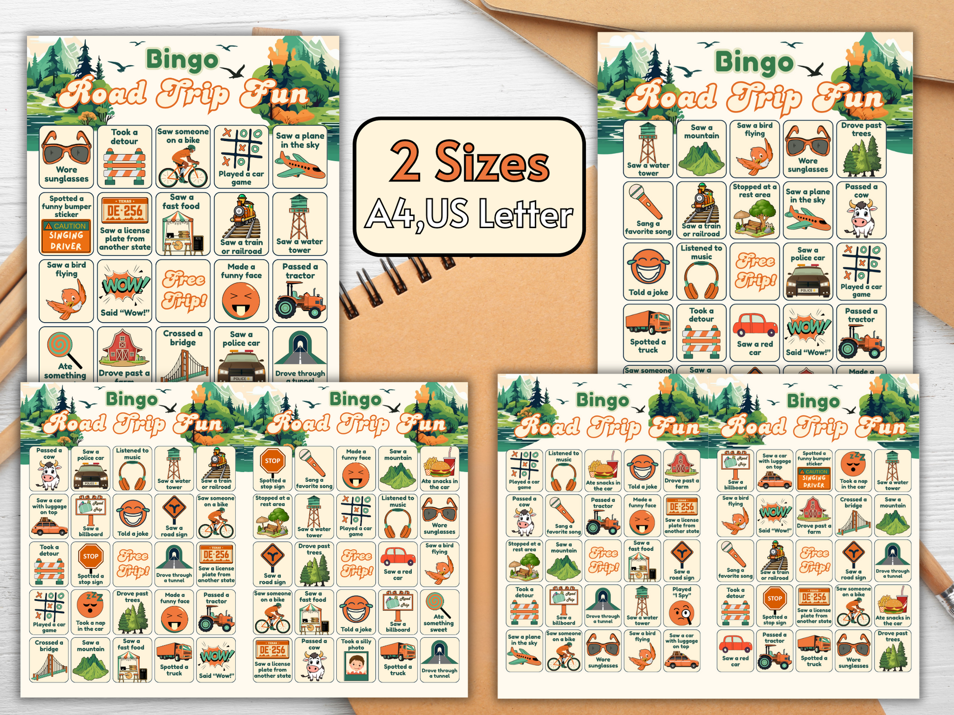 Set of 25 double Road Trip Bingo cards on a single printable page