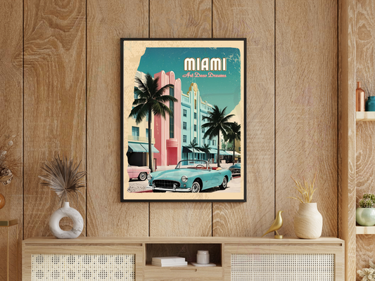 Miami Art Deco Vintage Travel Poster | Printable Retro Wall Art
