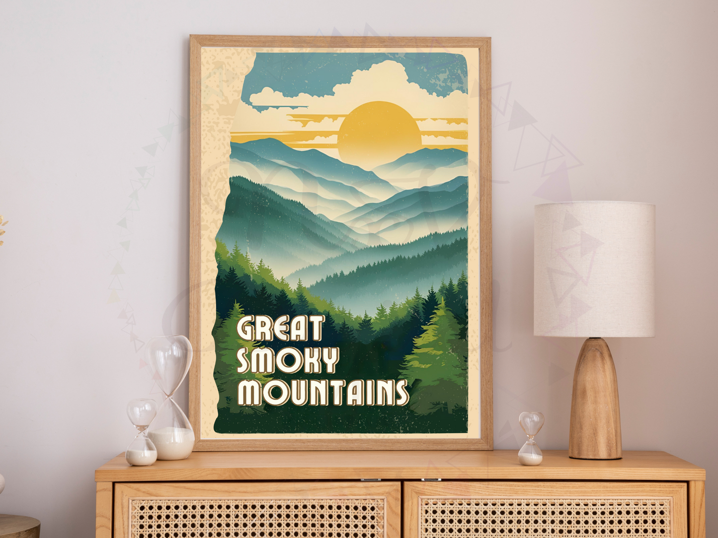 Retro-style nature art with forest and hills