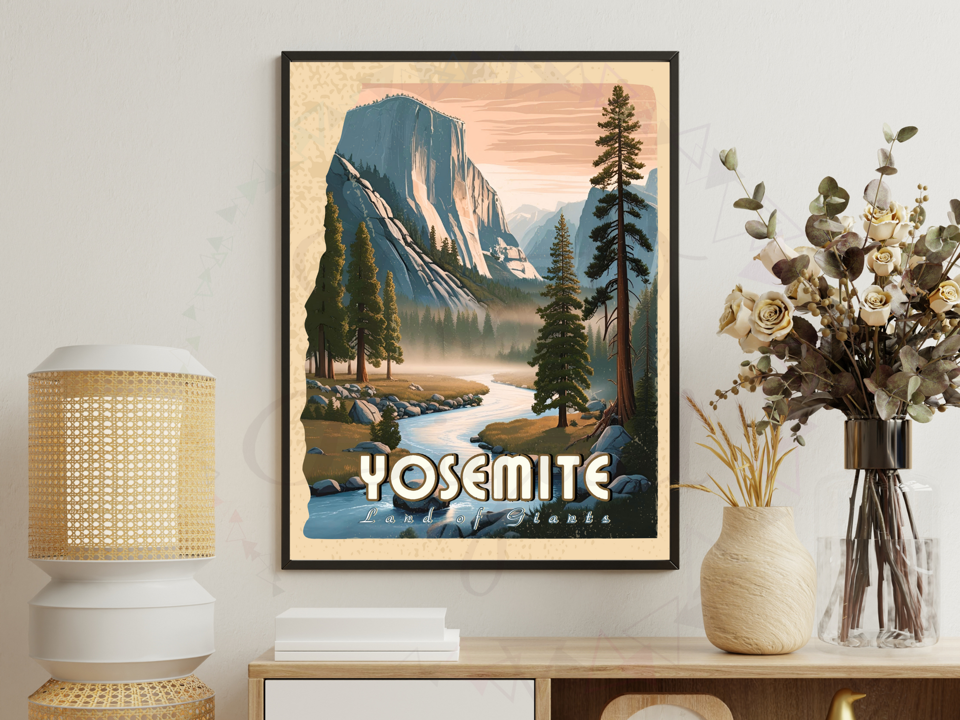 Digital Yosemite print with “Land of Giants” text for rustic decor
