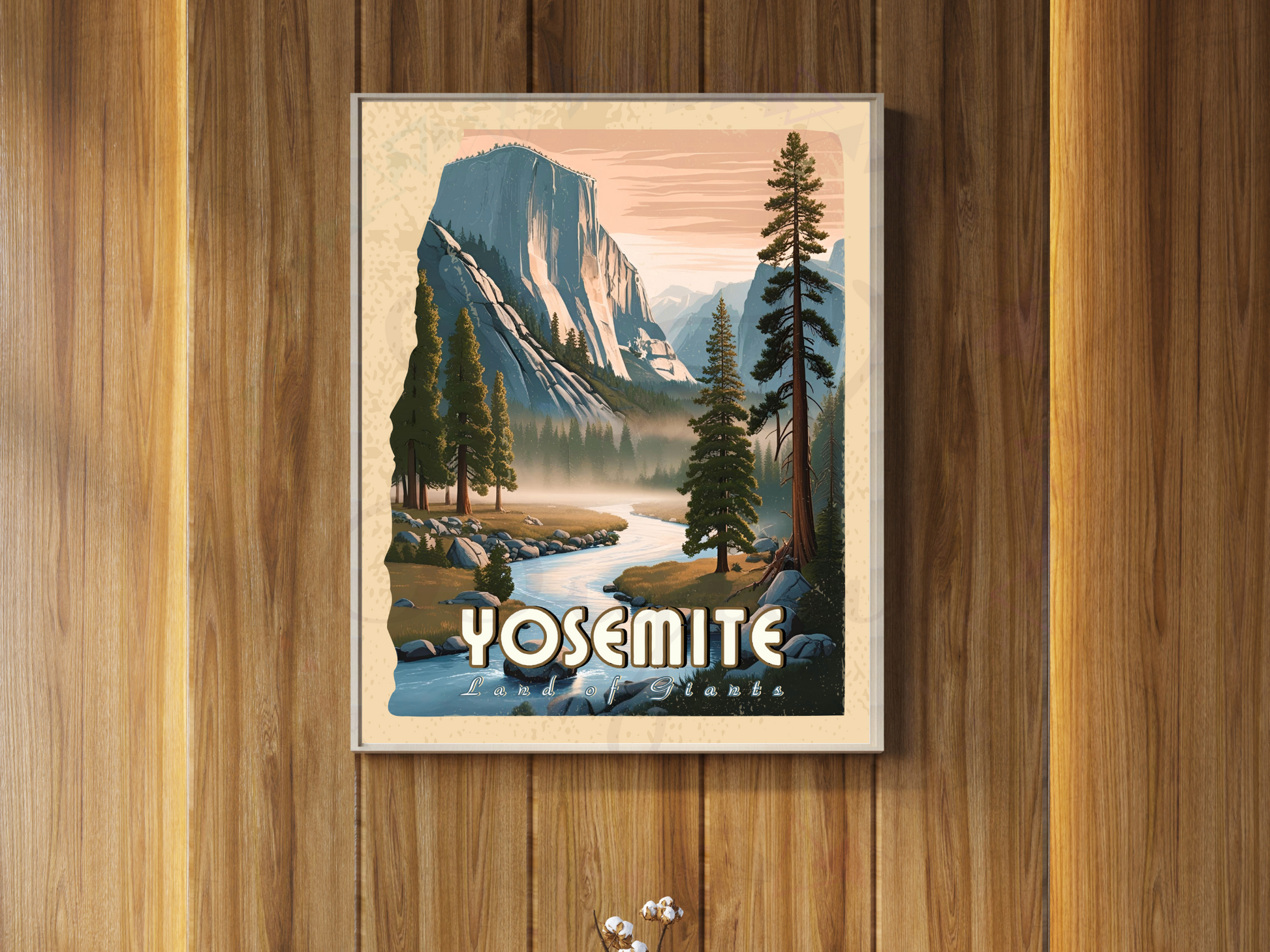 Holding Yosemite vintage poster with retro outdoor design