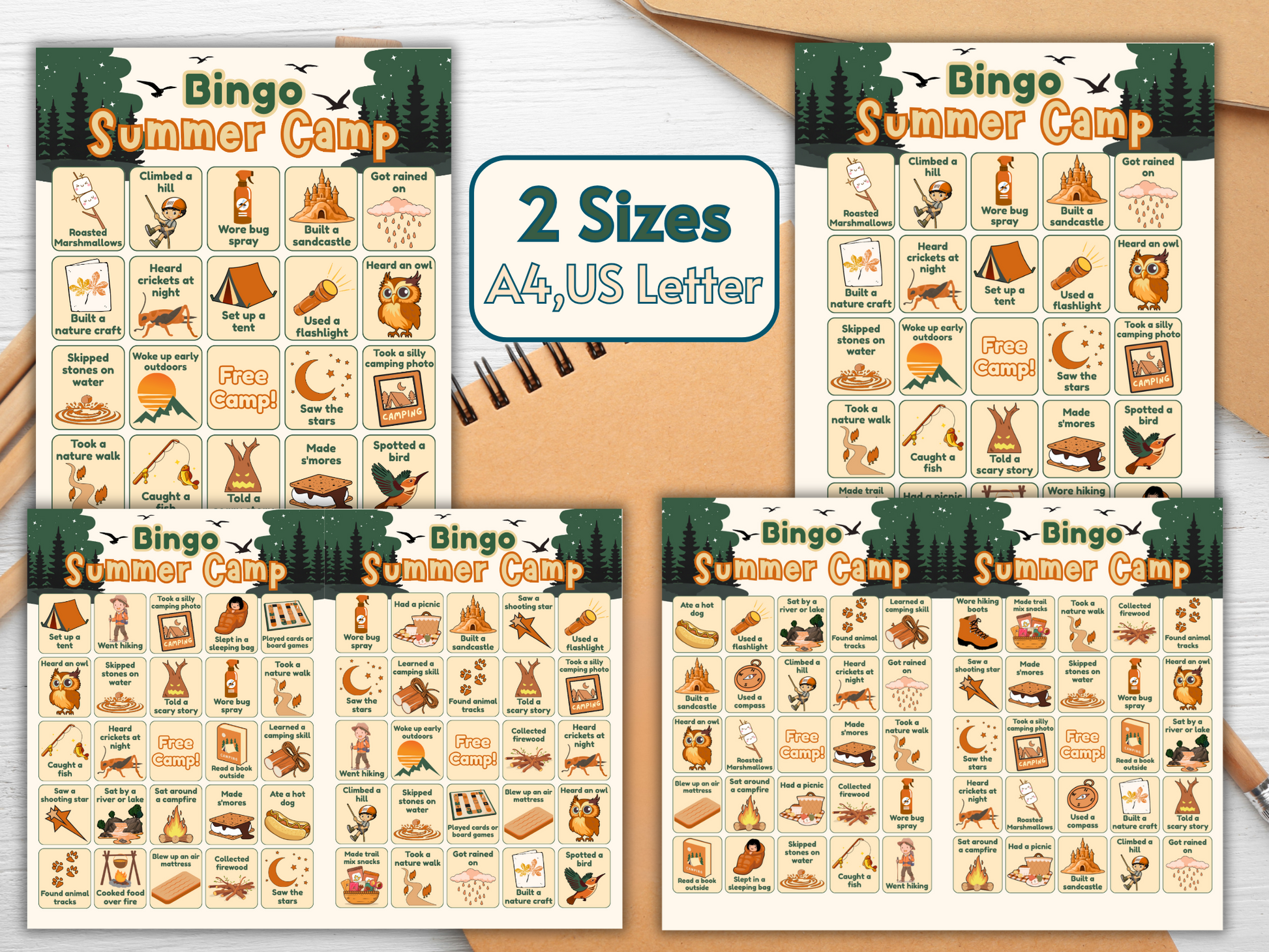 Outdoor-themed bingo game with forest and wildlife images
