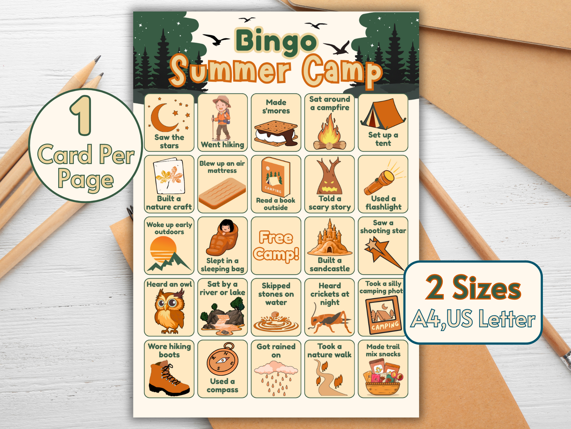 Bingo printable sheet for summer campers and scouts