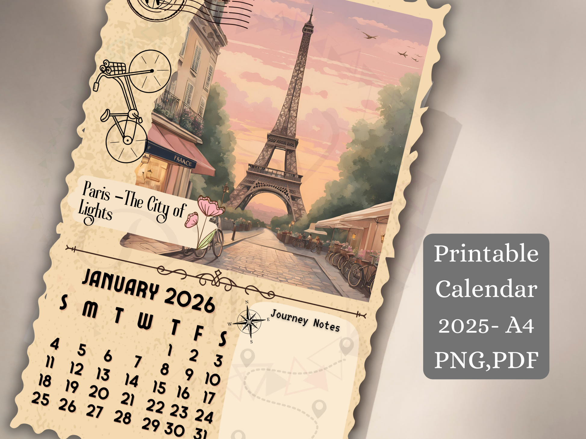 Paris Hand holding printable floral scrapbook calendar 2025