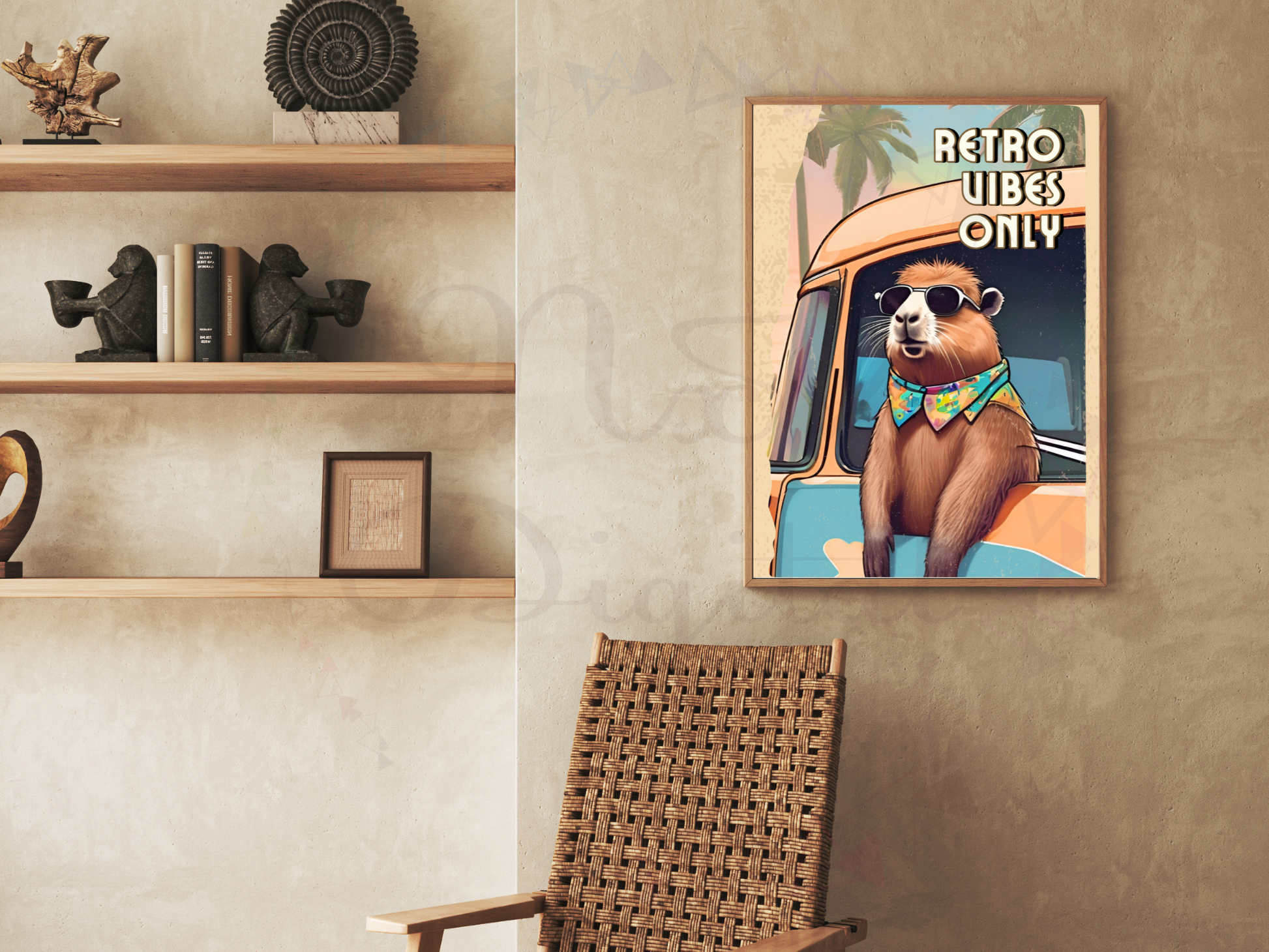 Poster mockup showing a capybara in a van, ideal for teen decor