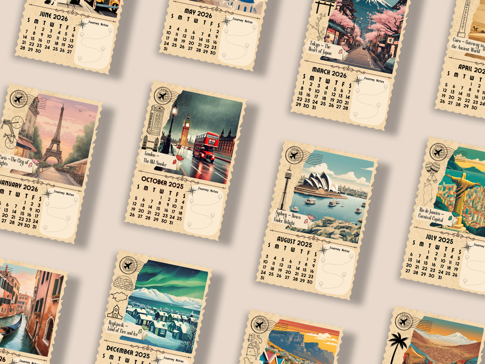 Printable 2025-2026 calendar in open scrapbook book mockup