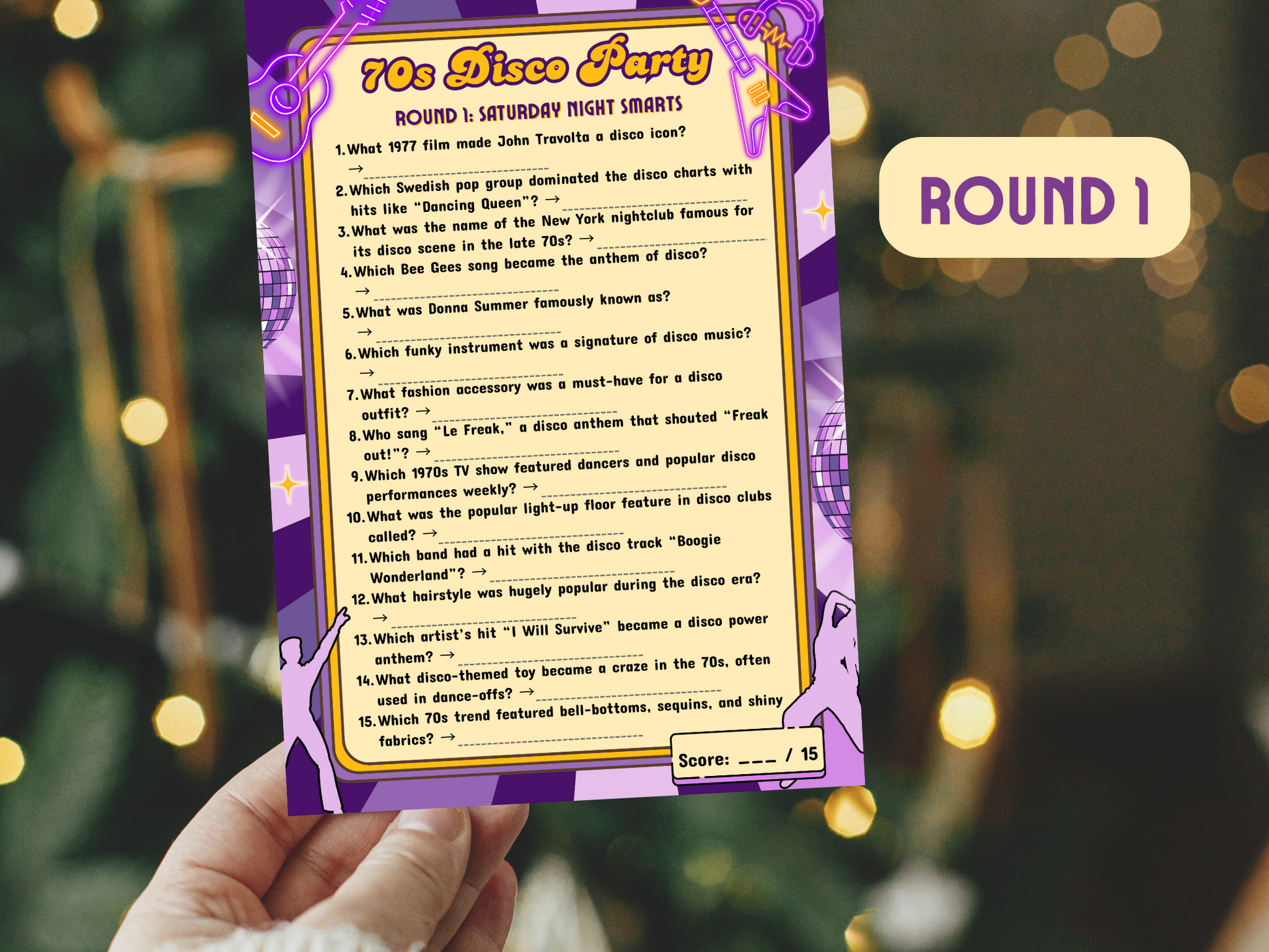 Retro party quiz sheet held in hand with groovy pink background