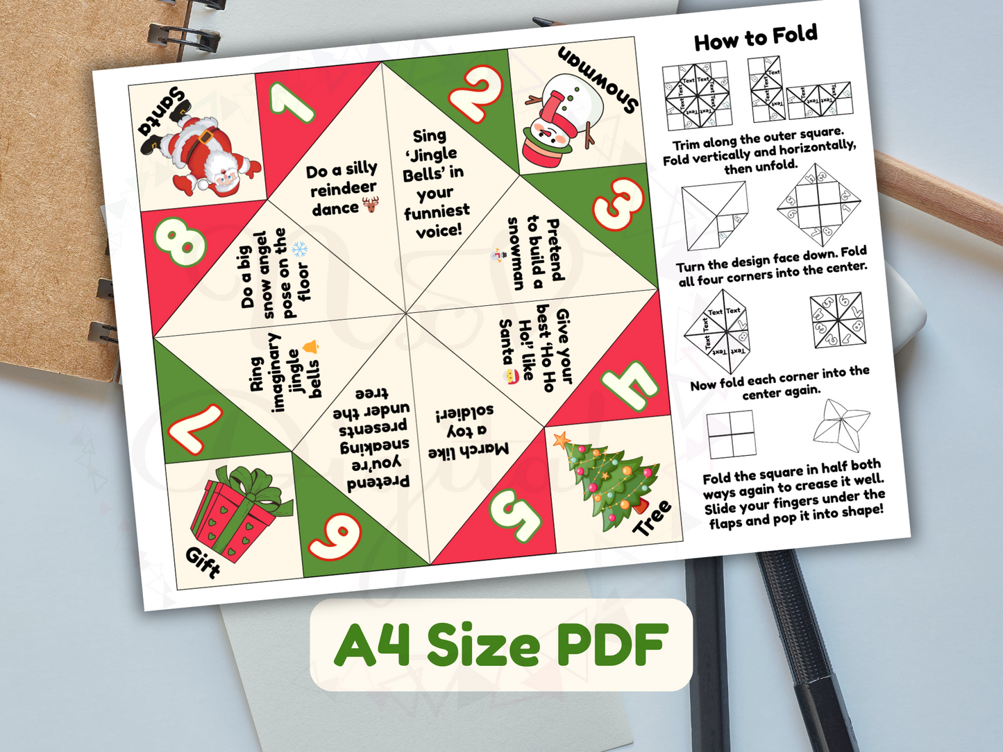 Christmas-themed fortune teller with instructions on a white background