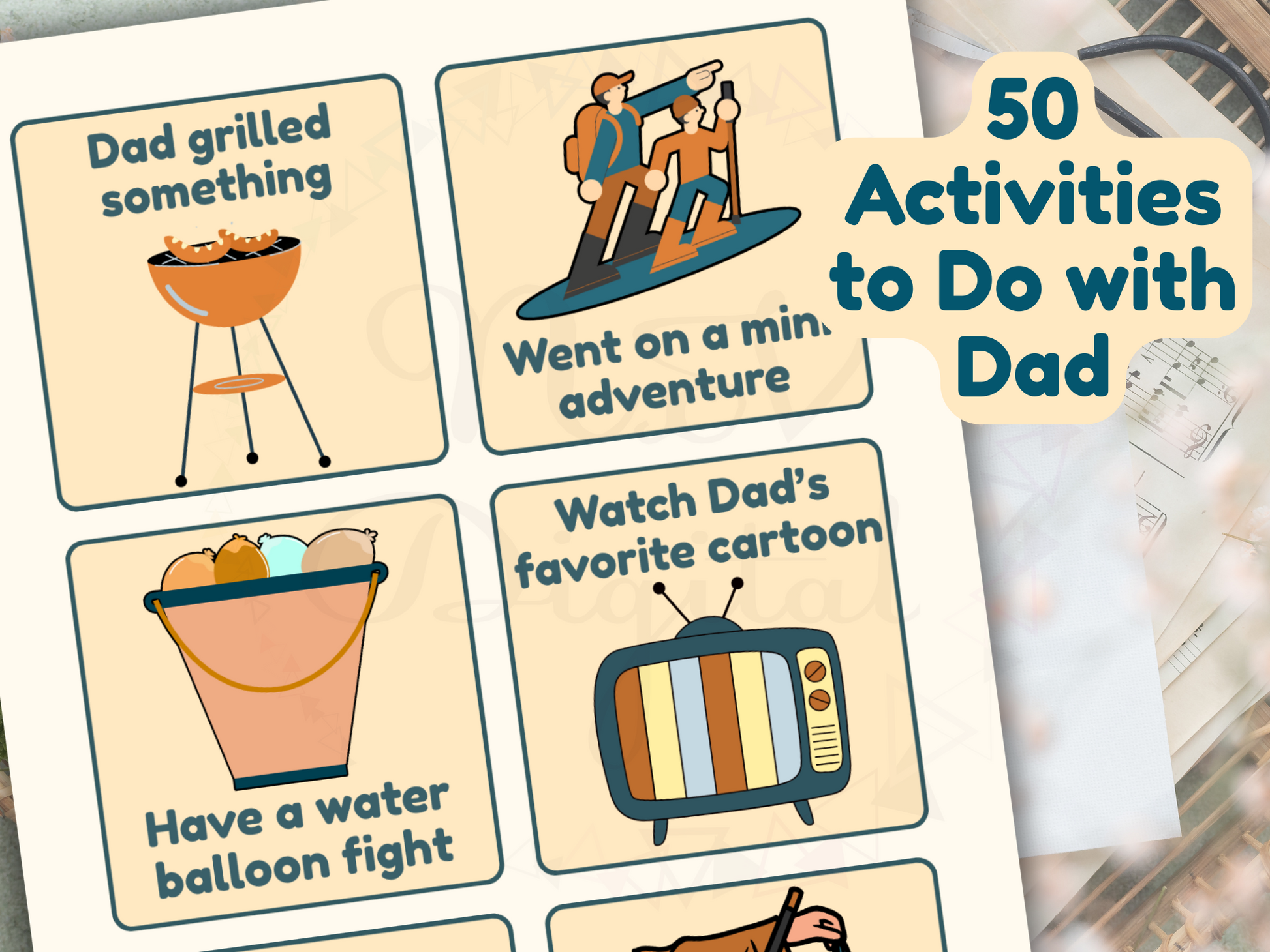Printable Father’s Day activity cards with retro doodles and prompts
