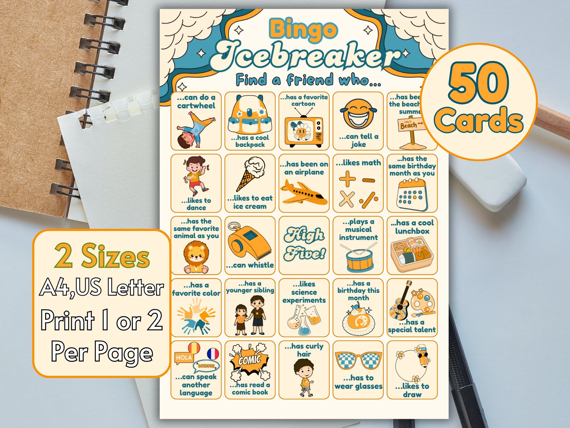 Printable Icebreaker Bingo sheet with fun classroom questions