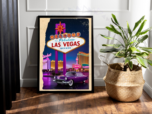 Vintage Las Vegas travel poster featuring neon lights and 1950s car