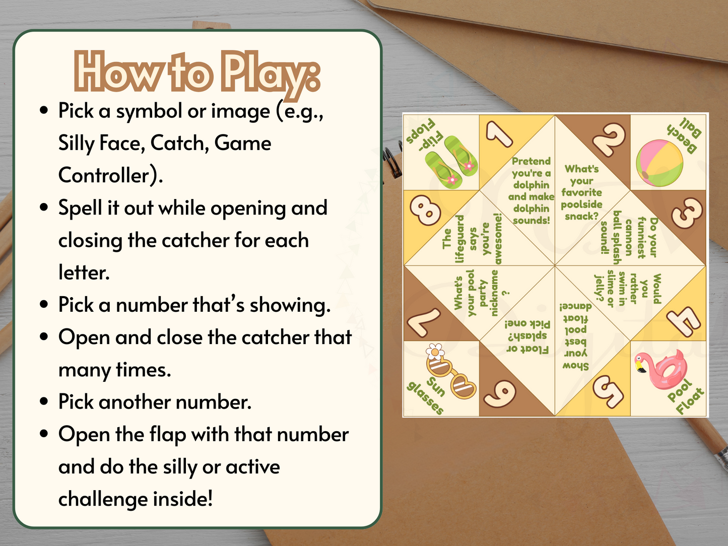 Pool Day cootie catcher printable game held in hand