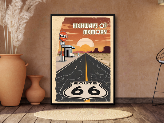 Route 66 Vintage Travel Poster | Retro Highway Printable Wall Art