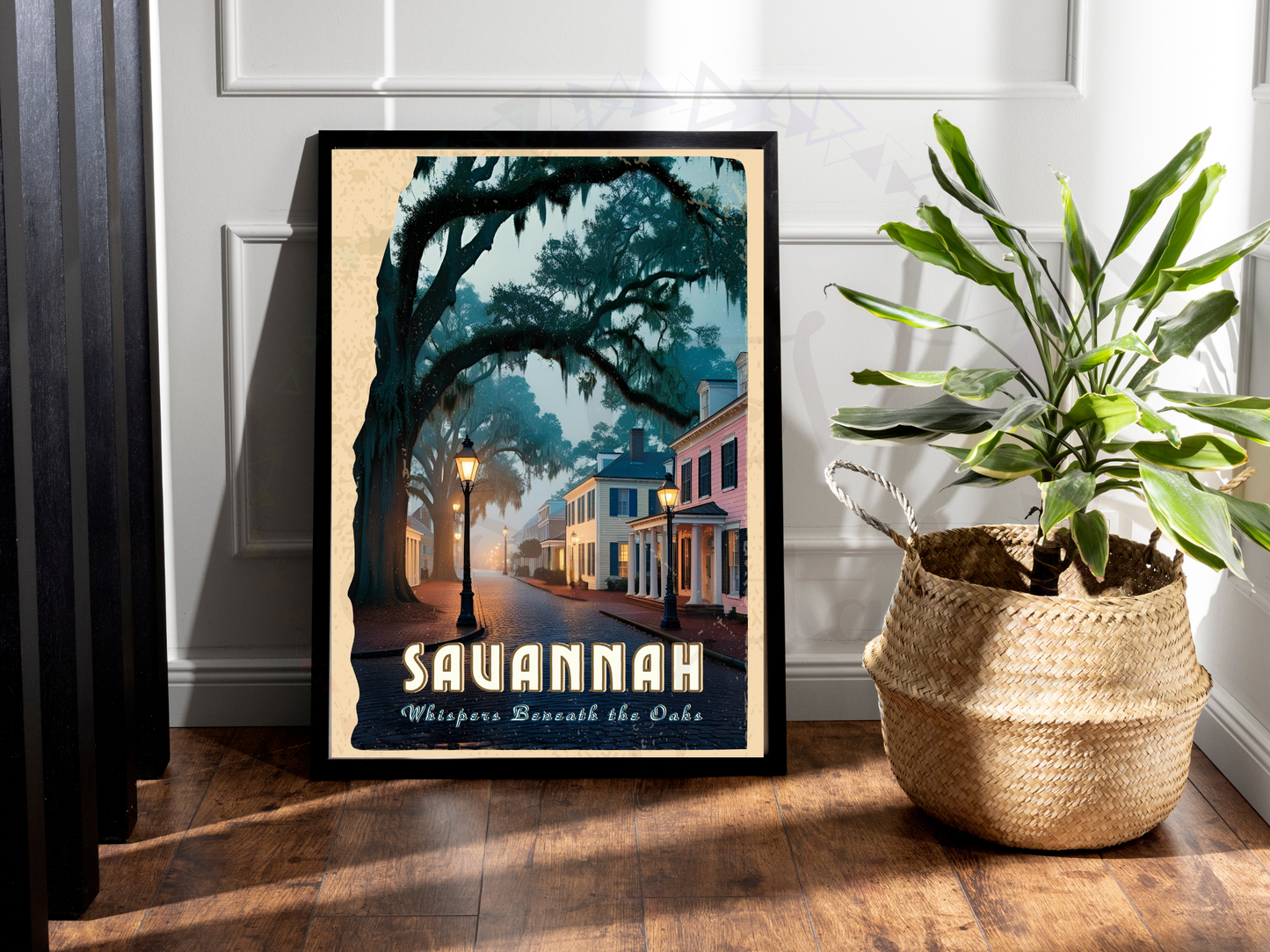 Printable Savannah travel artwork held in hand