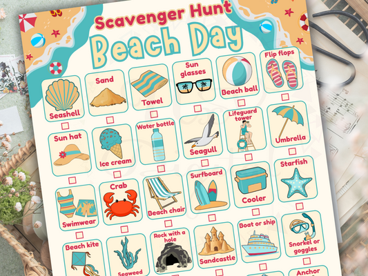 Printable beach scavenger hunt with colorful icons and checklist