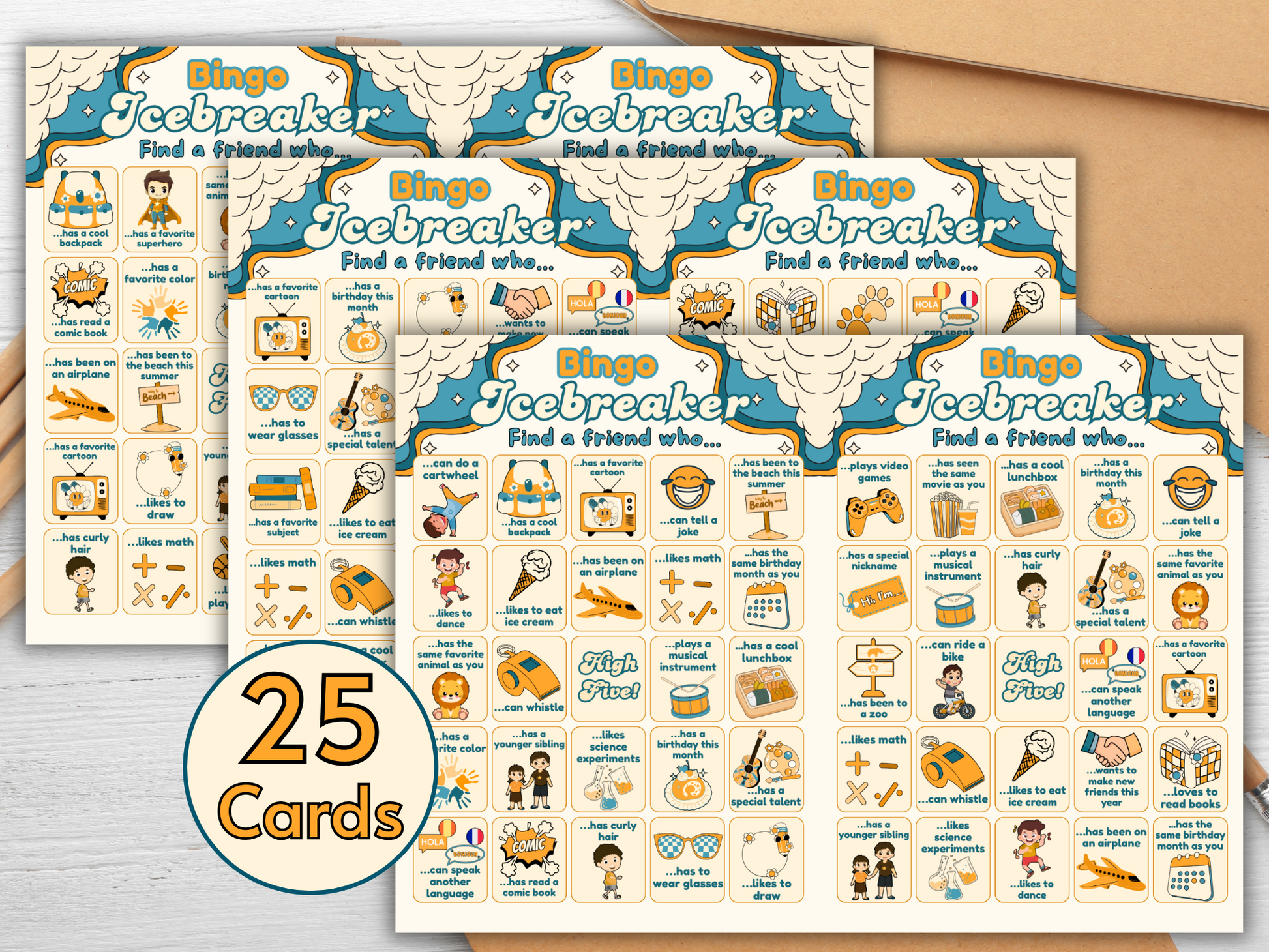 Classroom icebreaker bingo mockup shown in open book