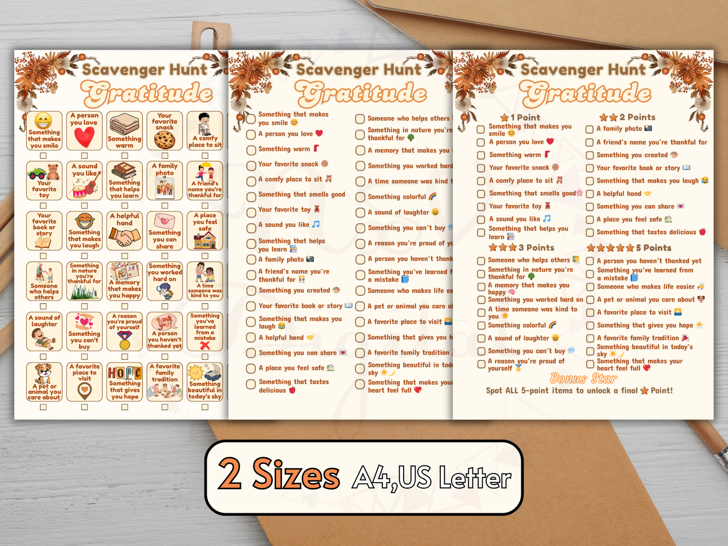 Scavenger Hunt Gratitude worksheet with checkboxes on a wooden surface