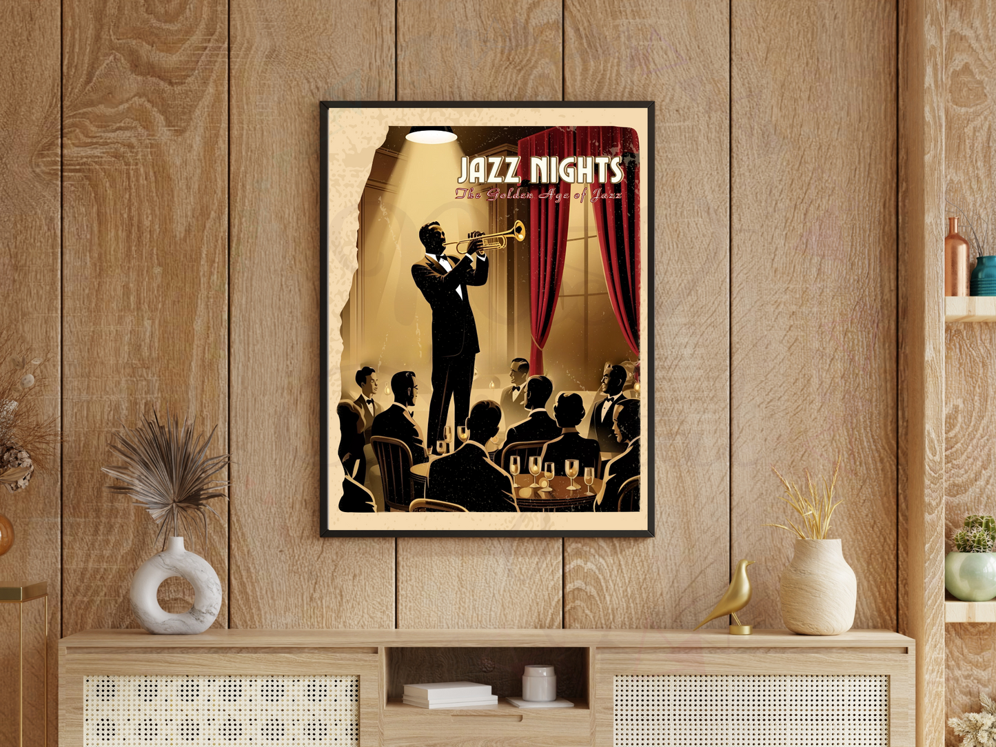 Printable jazz wall art showing a classic music club scene