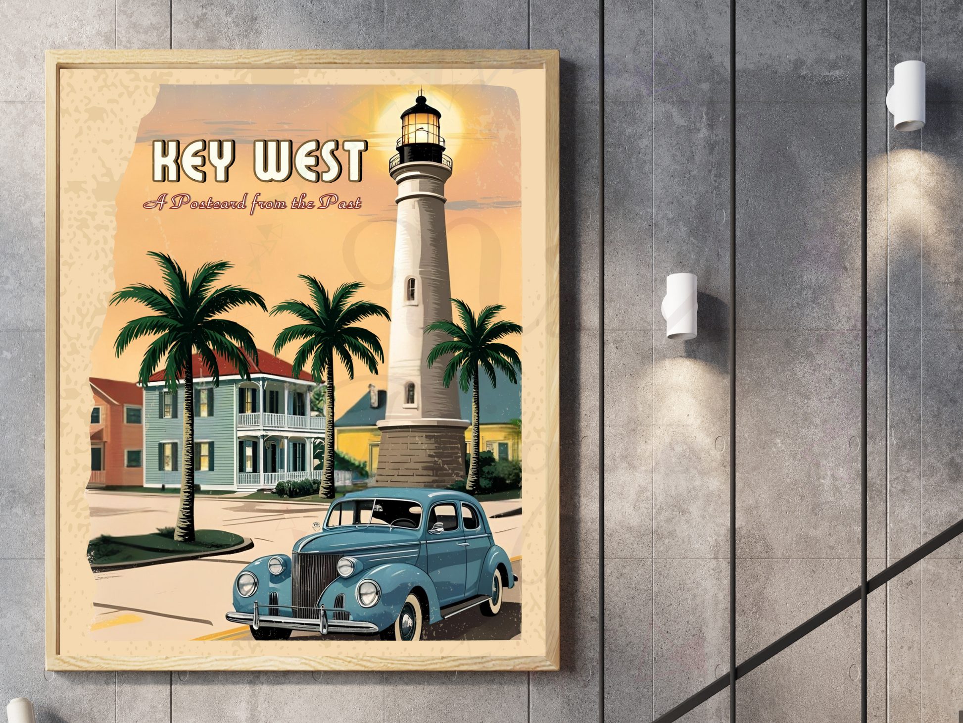 Tropical coastal travel poster with palm trees and sea