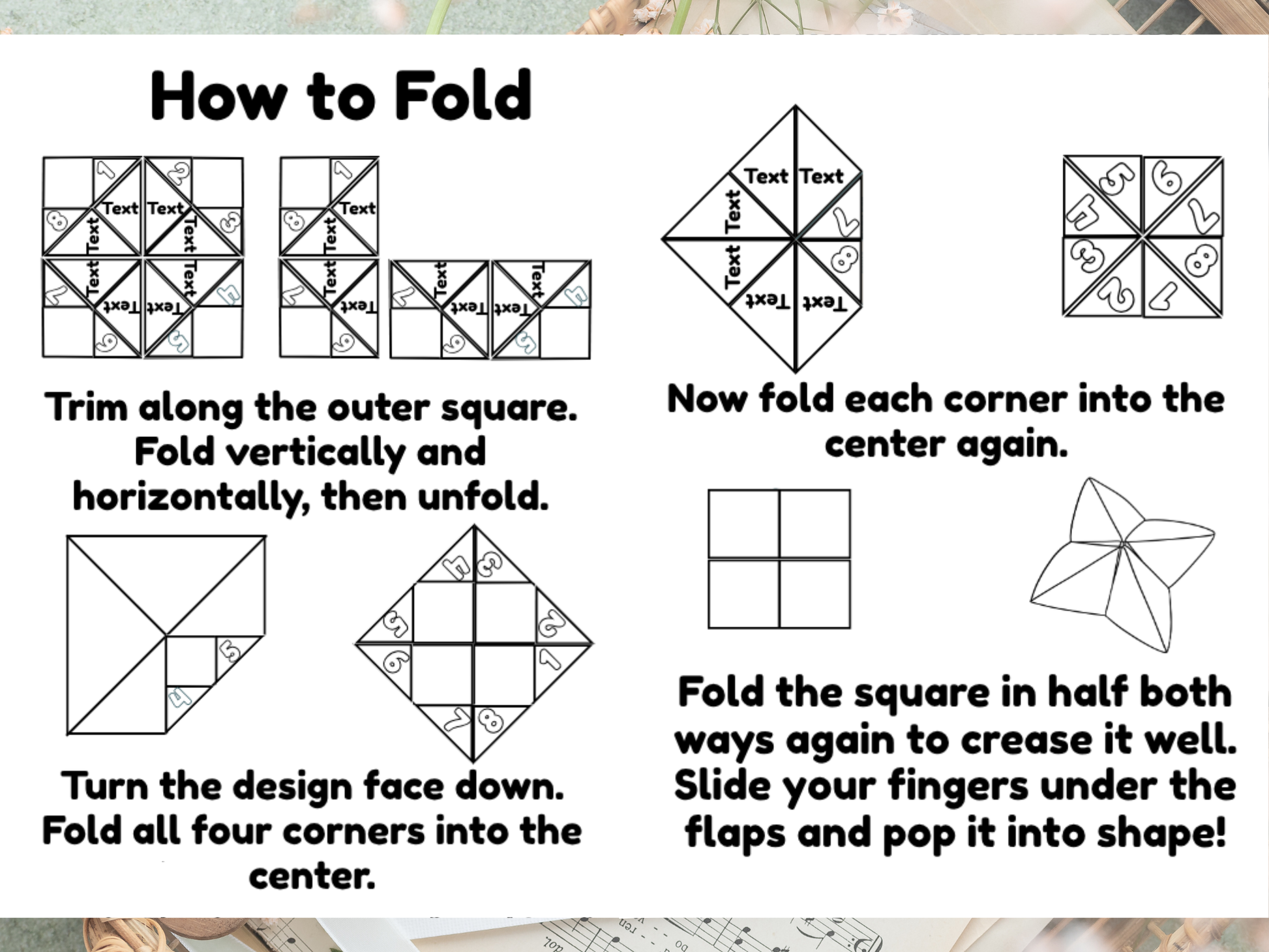 Instructions on how to fold a paper design with diagrams and text.