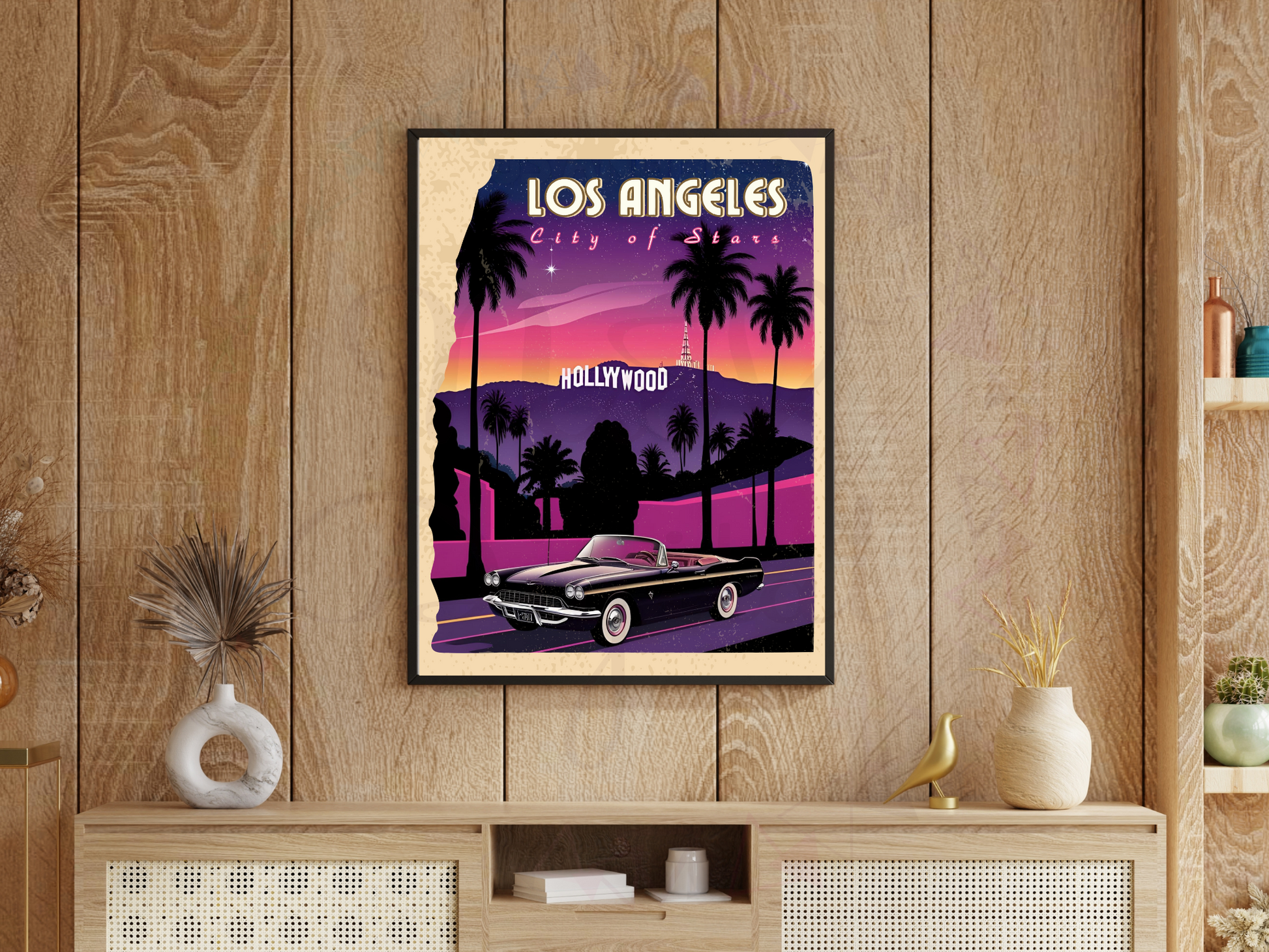 Vibrant Los Angeles skyline art with nostalgic tones