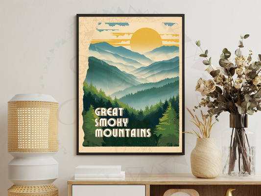 Vintage Great Smoky Mountains poster in retro art style