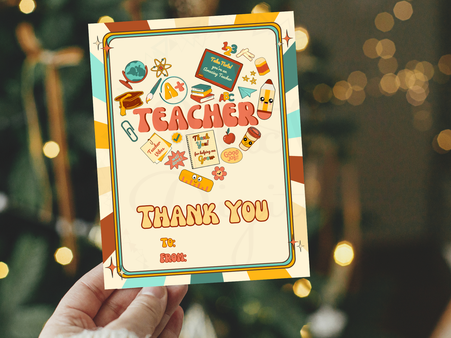 Retro-style teacher appreciation card held in hand – printable PDF format