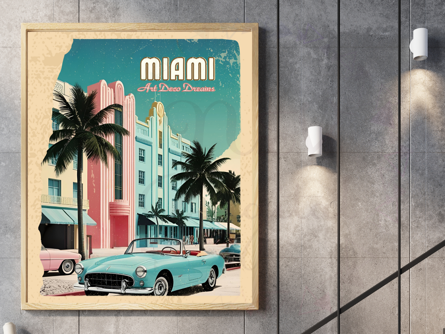 Miami Art Deco Vintage Travel Poster | Printable Retro Wall Art