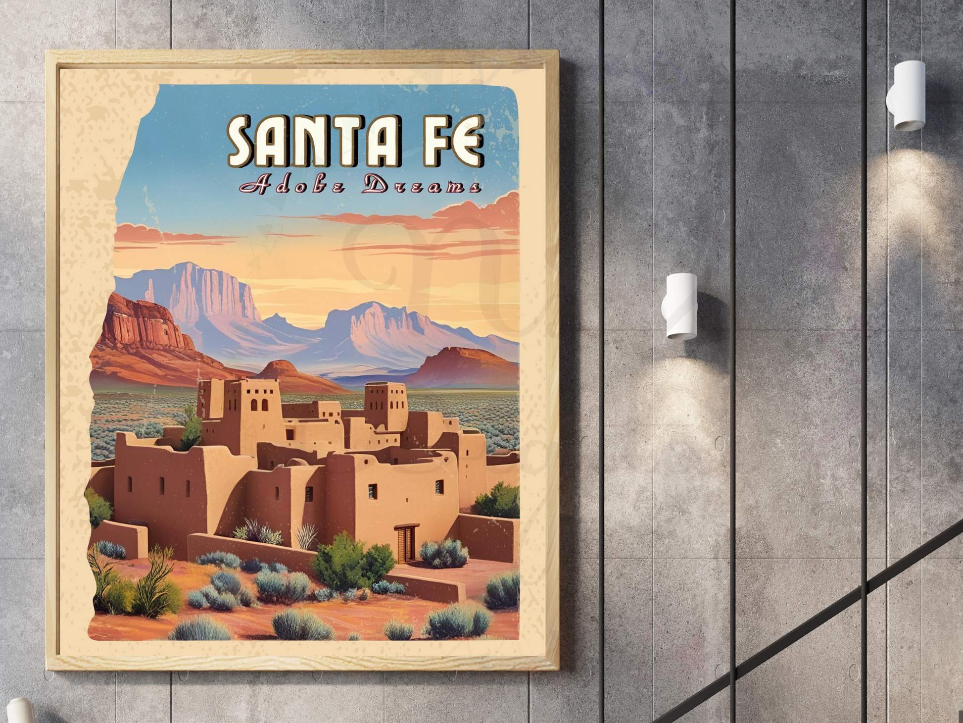 Framed vintage Santa Fe print in warm terracotta color palette