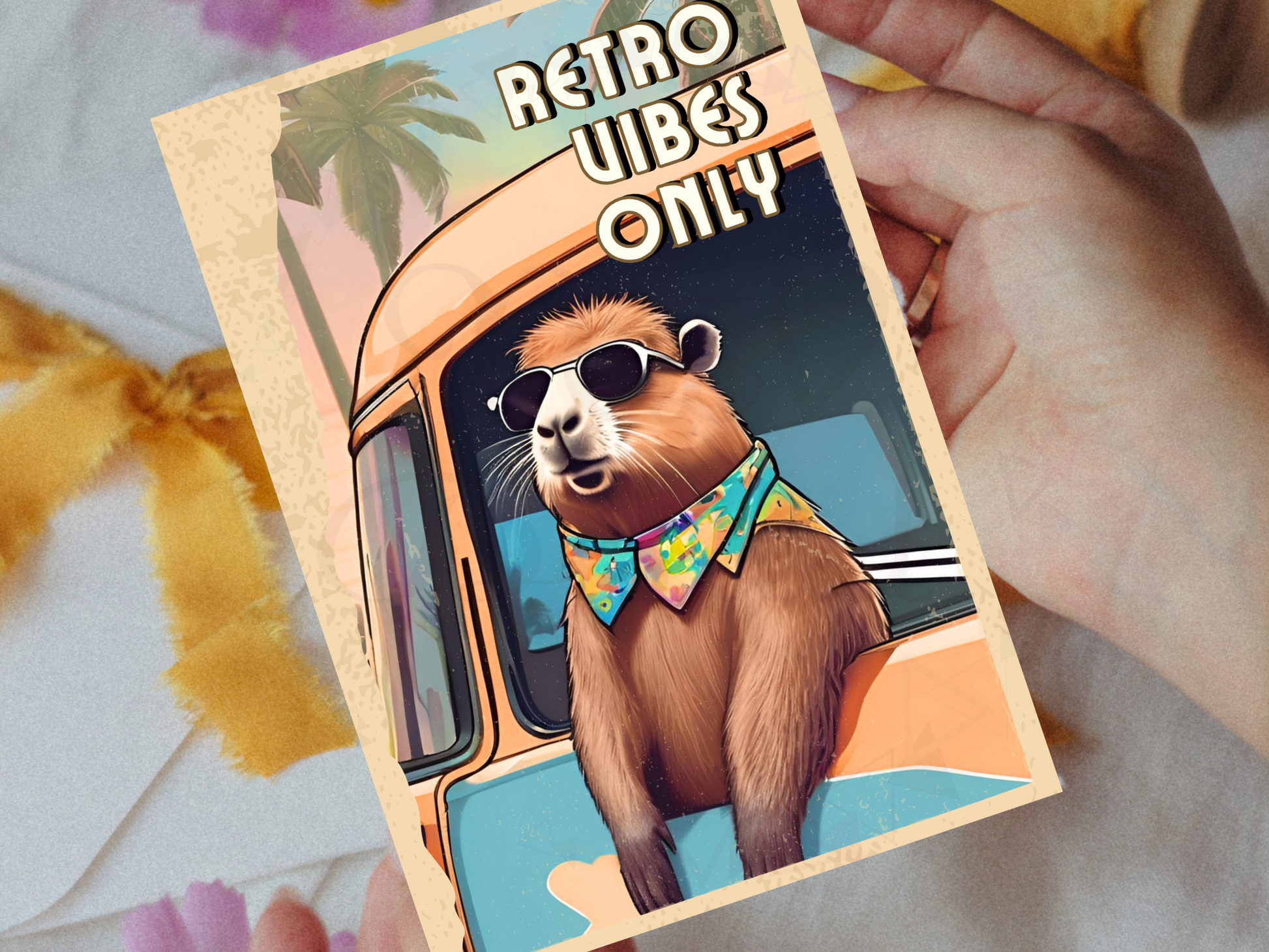 Boho travel artwork of a chill capybara in a hippie van