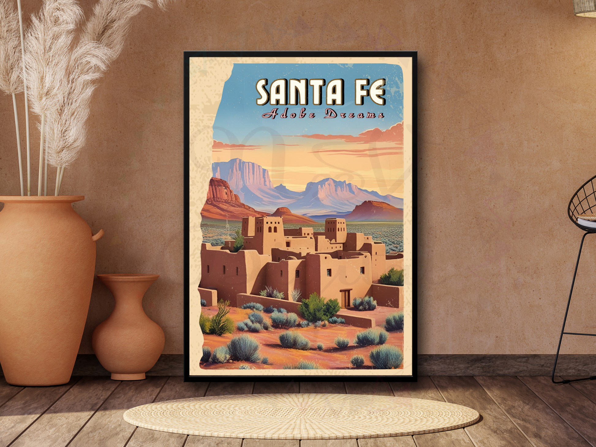 Retro adobe house illustration inspired by Santa Fe scenery
