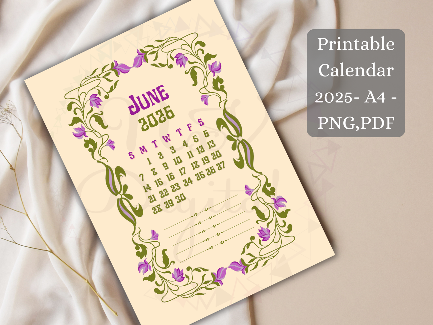 Portrait printable calendar 2025-2026 with Art Nouveau designs, perfect for vintage scrapbooks and planners