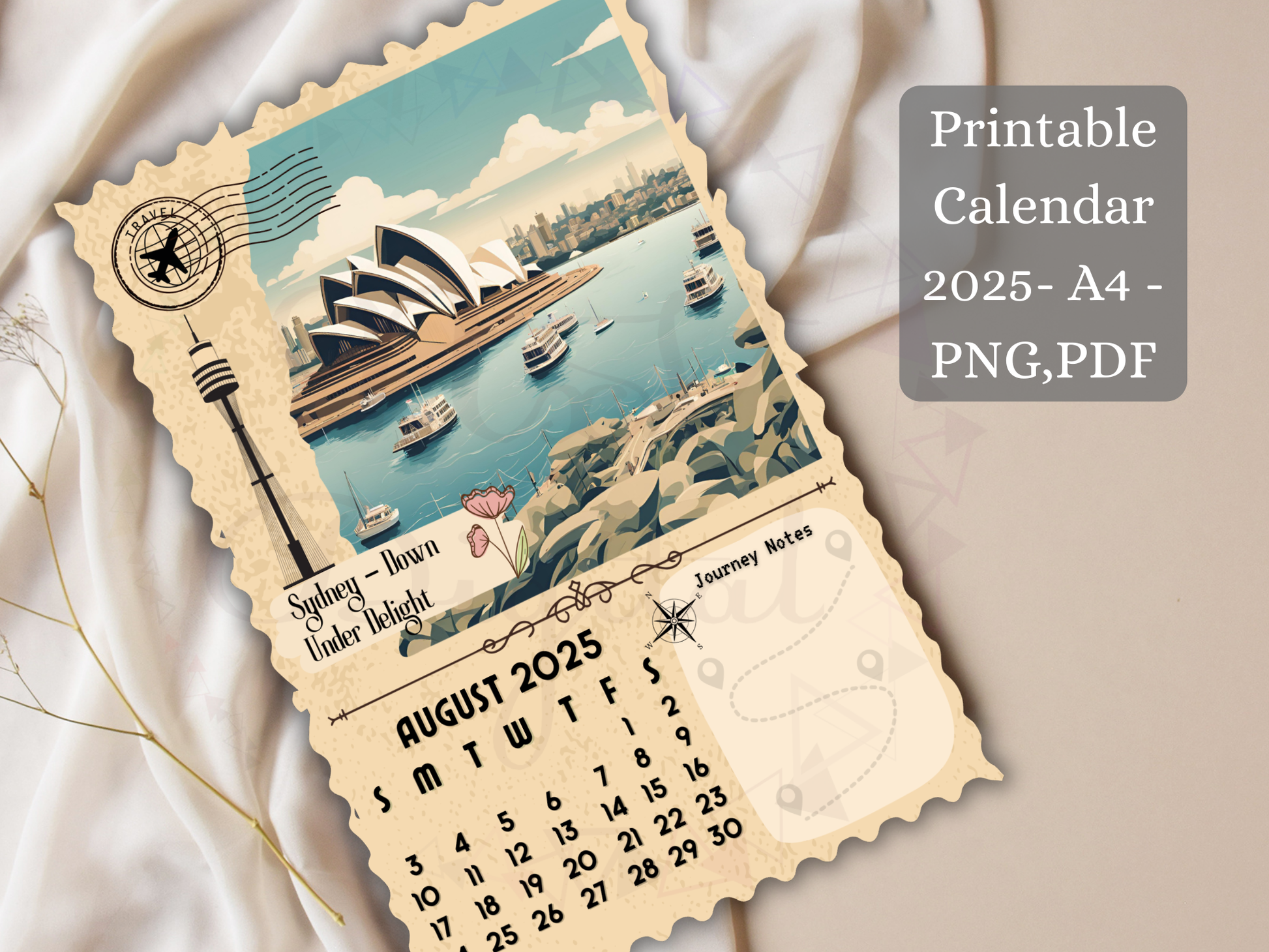 Sydney Digital download travel calendar shown in vintage style