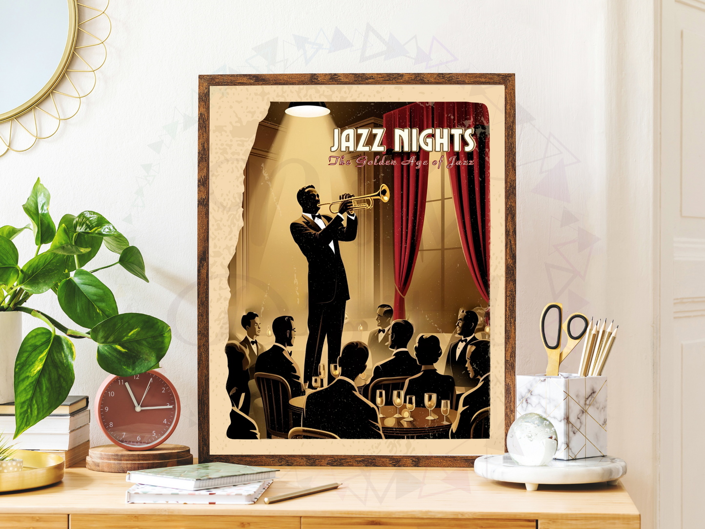Digital jazz artwork laid on wooden desk with paper texture