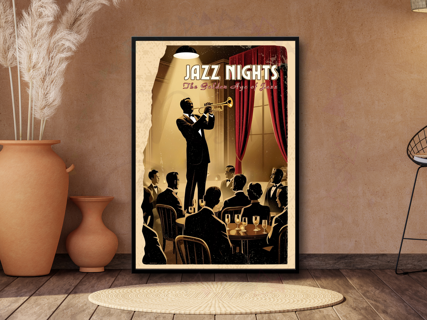 Elegant 1950s jazz band poster with spotlight and curtains