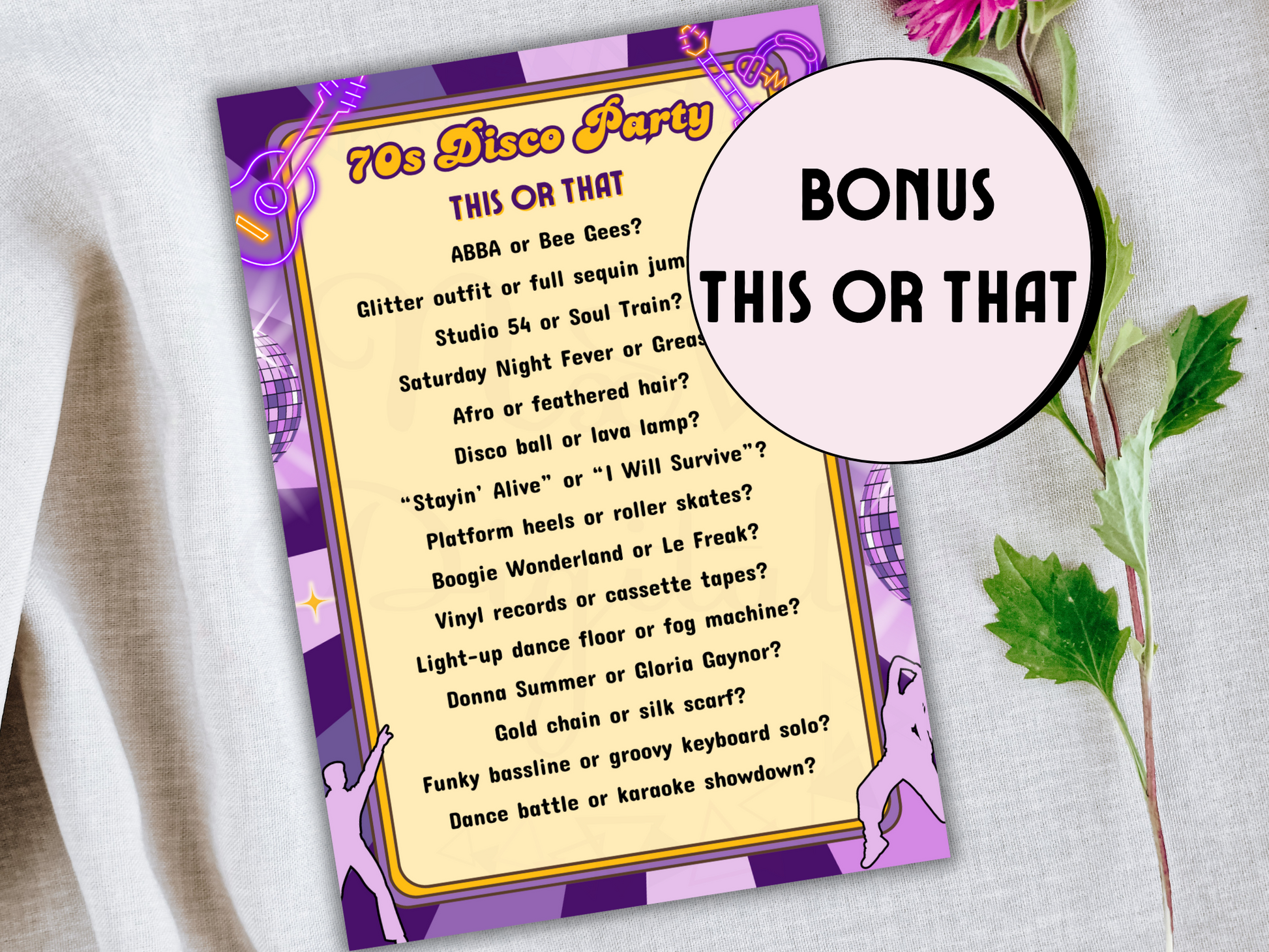 Printable game pages showing 2 question sheets for disco trivia