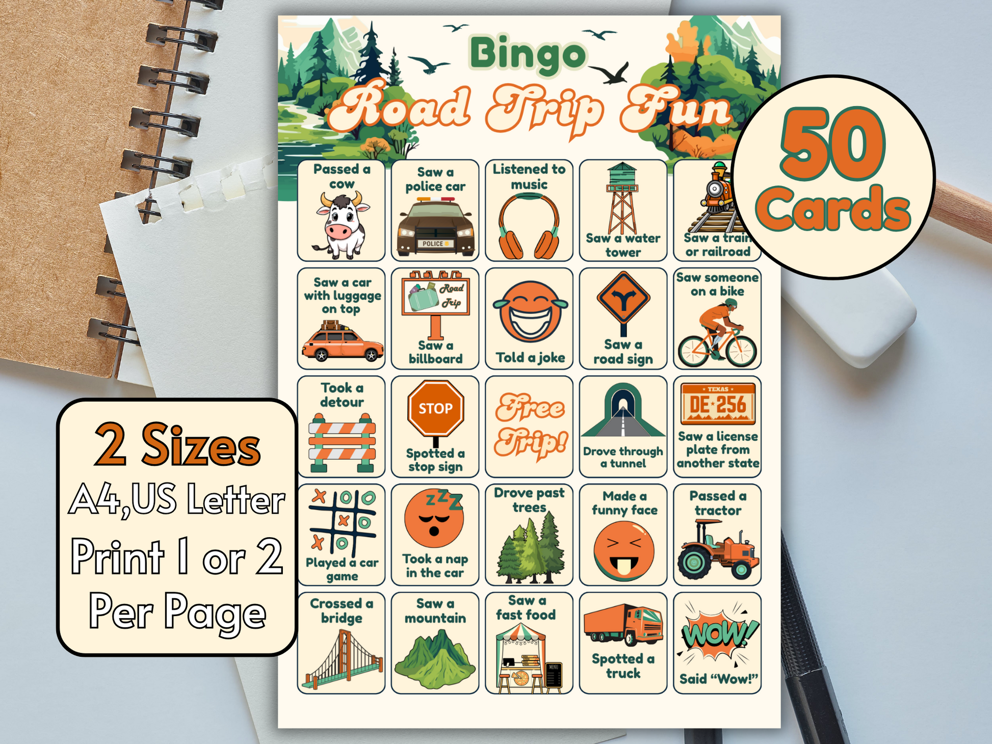 Calling cards for Road Trip Bingo, shown in a book-style layout