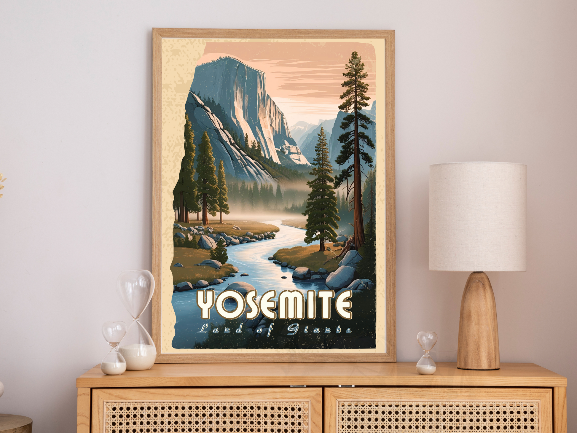 Scenic retro artwork of Yosemite’s giant sequoias and cliffs