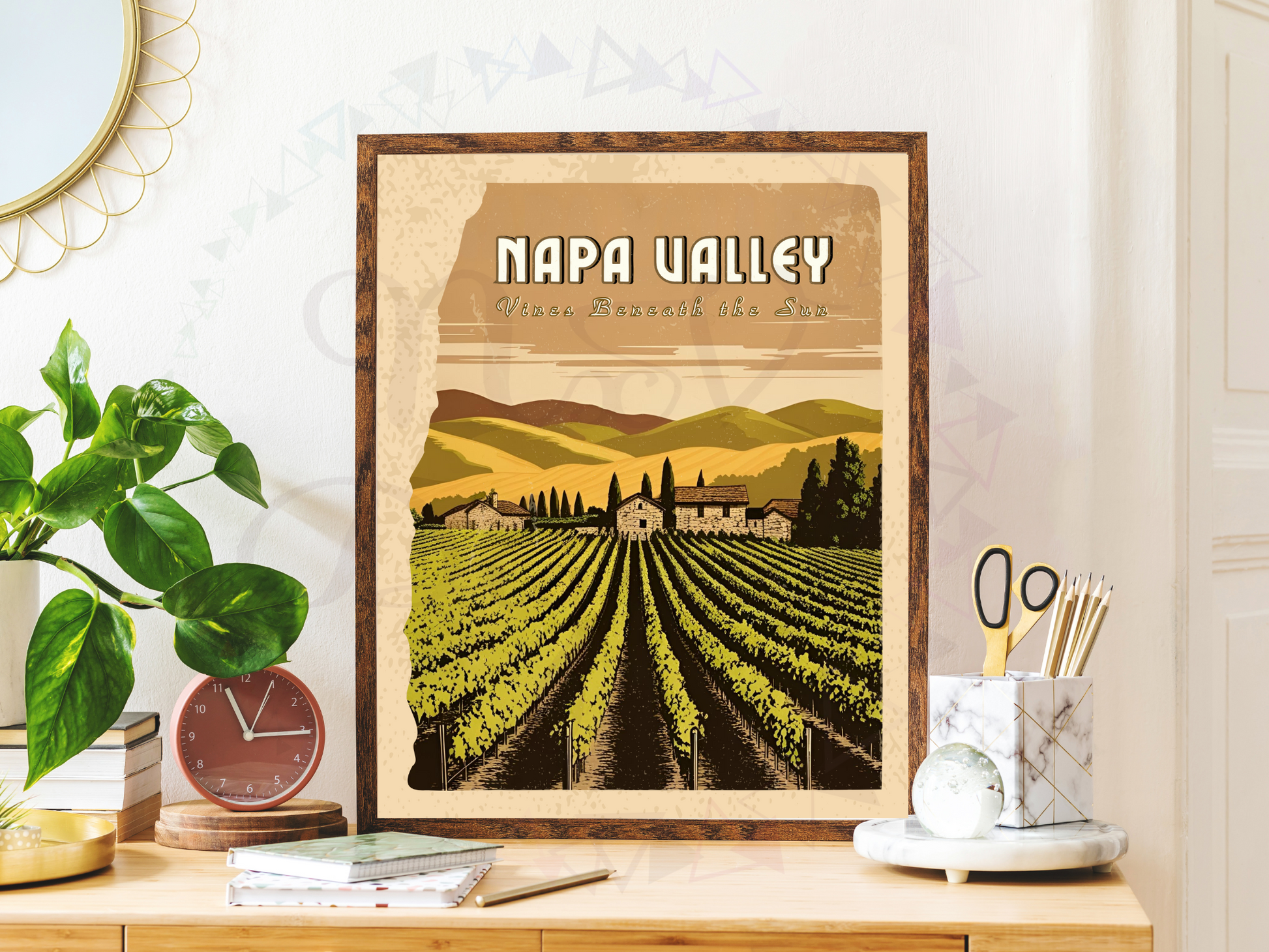 Classic Napa Valley artwork showcasing rolling vineyards