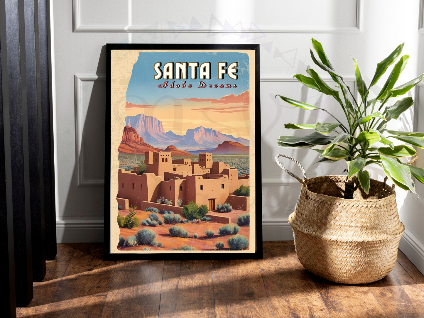 Retro desert landscape artwork featuring Santa Fe’s adobe buildings