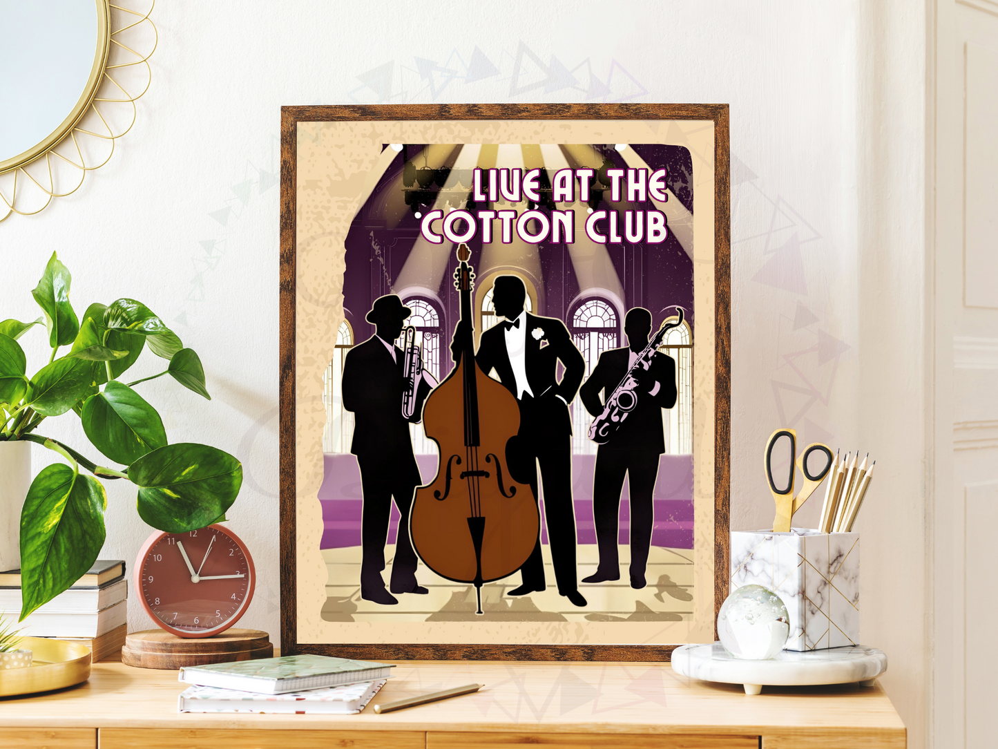 Saxophone and upright bass silhouette poster in mockup book