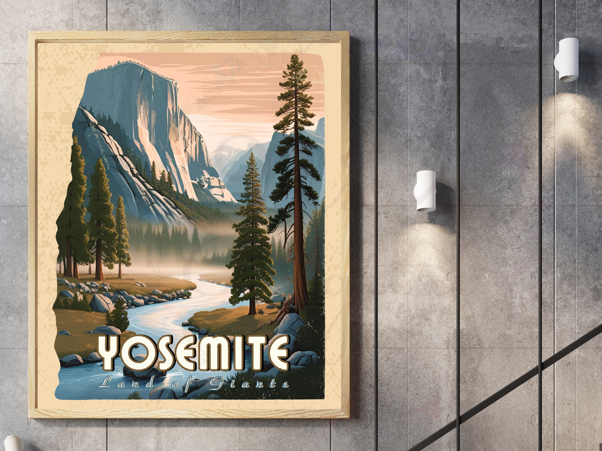 Poster of Yosemite National Park with sunset and forest backdrop