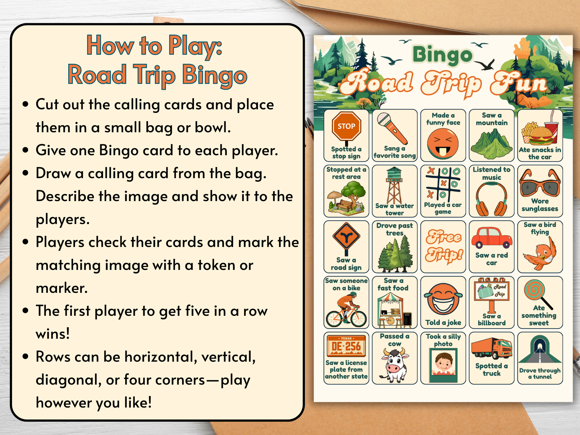 Bingo card showing fun road trip items like gas pump and camper