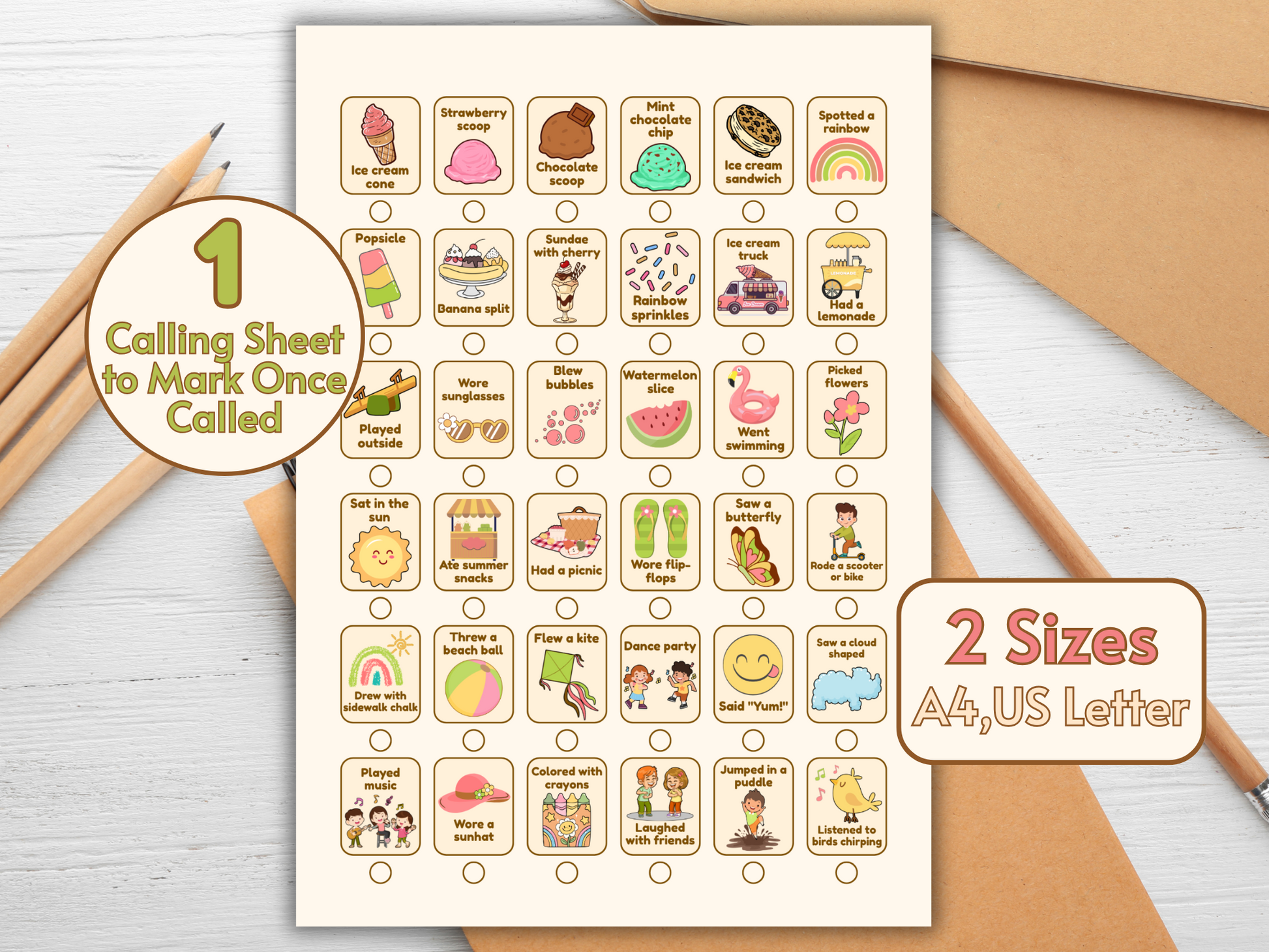 Bingo card showing colorful summer icons and a “Free Scoop” square