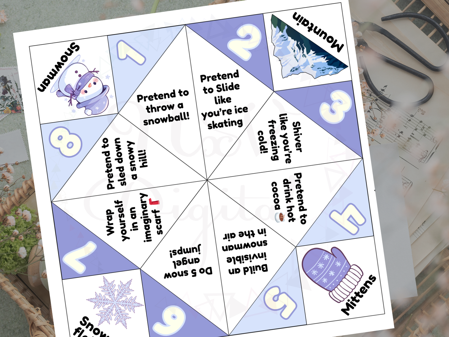 Winter-themed fortune teller with numbered sections on a white background