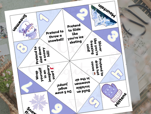 Winter-themed fortune teller with numbered sections on a white background